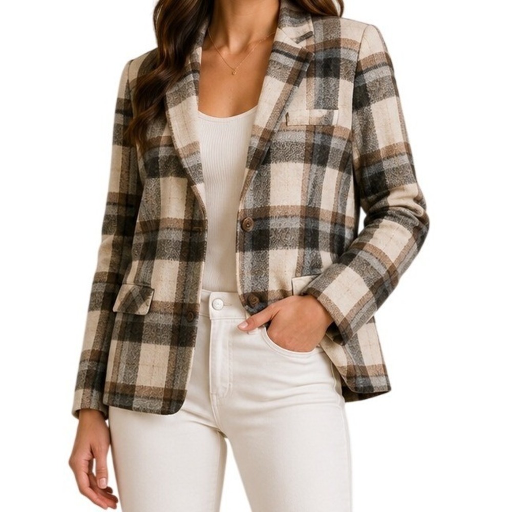 First Avenue New York Vintage Brown Cream Plaid Wool Blend Blazer Women's 6